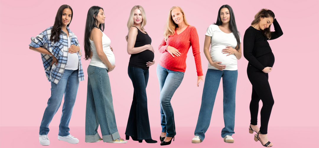 Tall pregnant women wearing stylish maternity jeans with an extended inseams, perfect for long legs. Designed for comfort, stretch, and bump support.