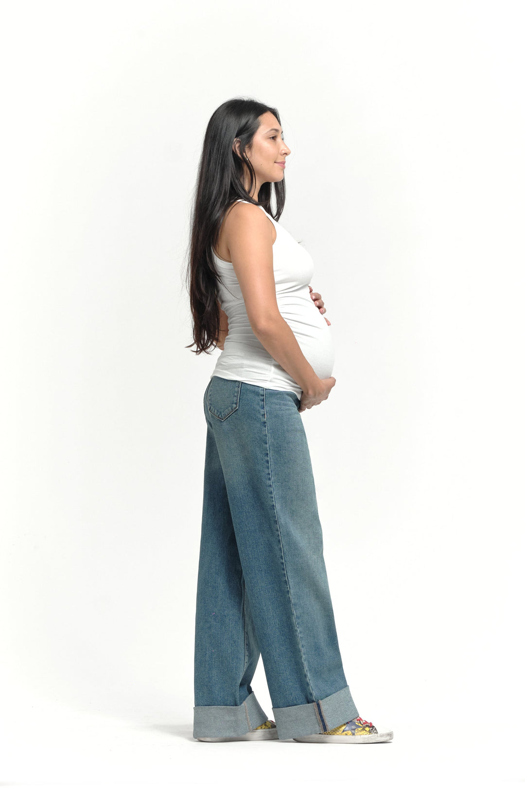 Maternity 36" Roll Cuff Wide Leg Jean with Bellyband in Willa