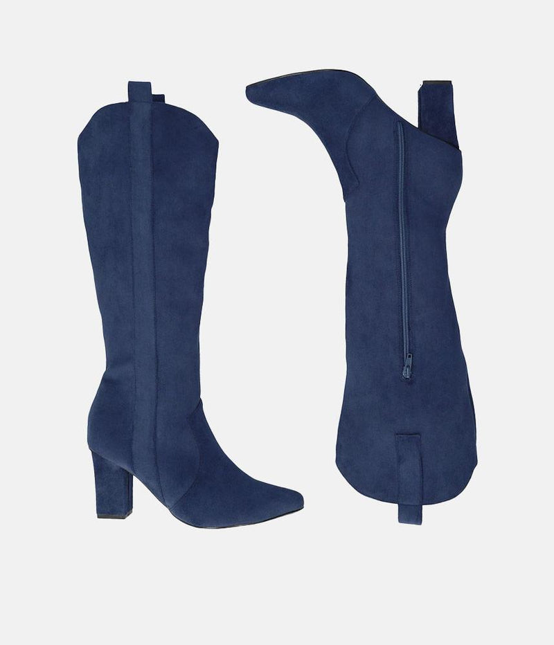 Plush Navy Suede Cowboy Style Long Boots