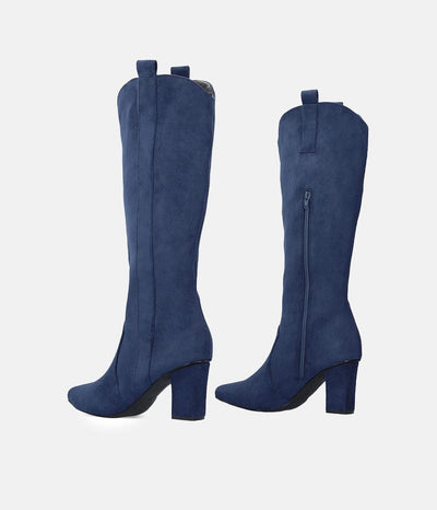 Plush Navy Suede Cowboy Style Long Boots