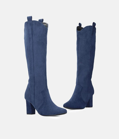 Plush Navy Suede Cowboy Style Long Boots