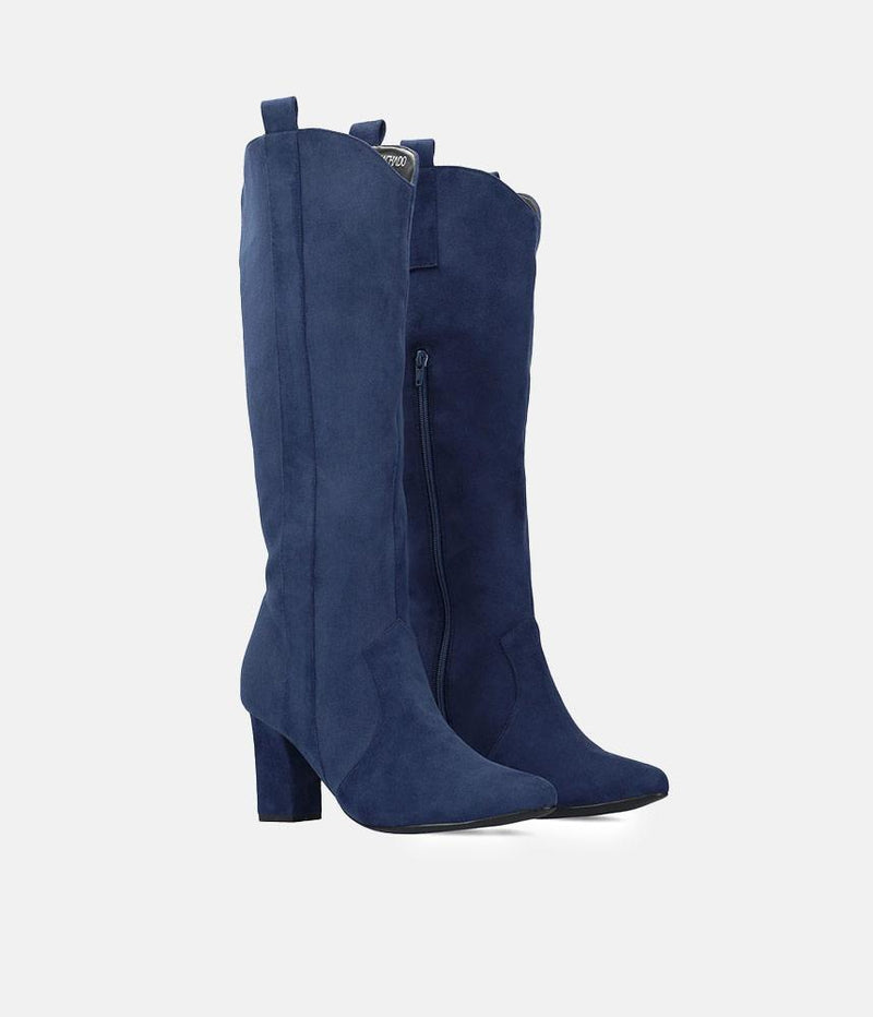 Plush Navy Suede Cowboy Style Long Boots