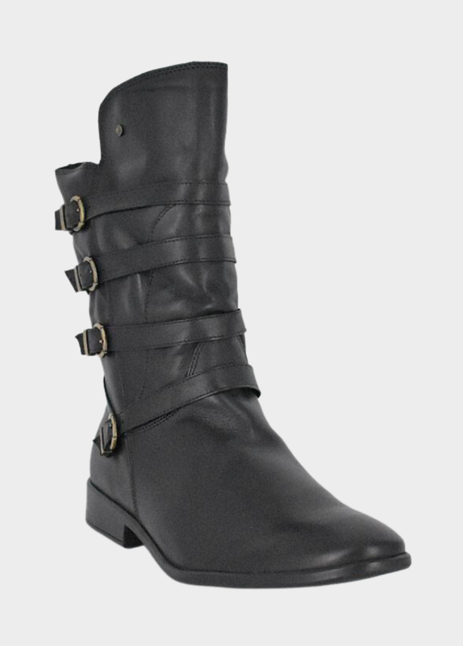 Cinderella Shoes Black Leather Buckle Midi Boots