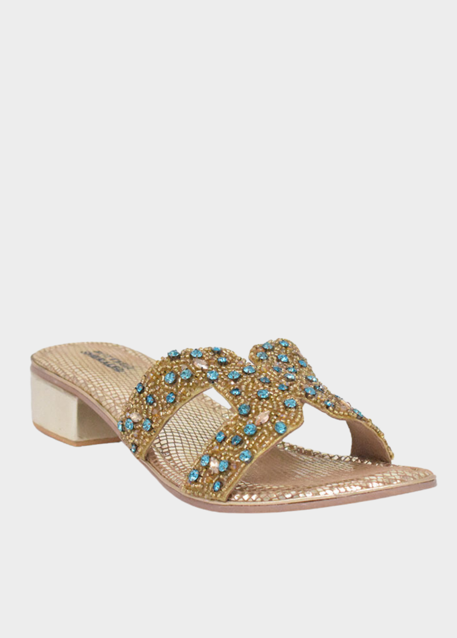 BOTTEGA Gold/Green Leather Embellished Slip On Sandal