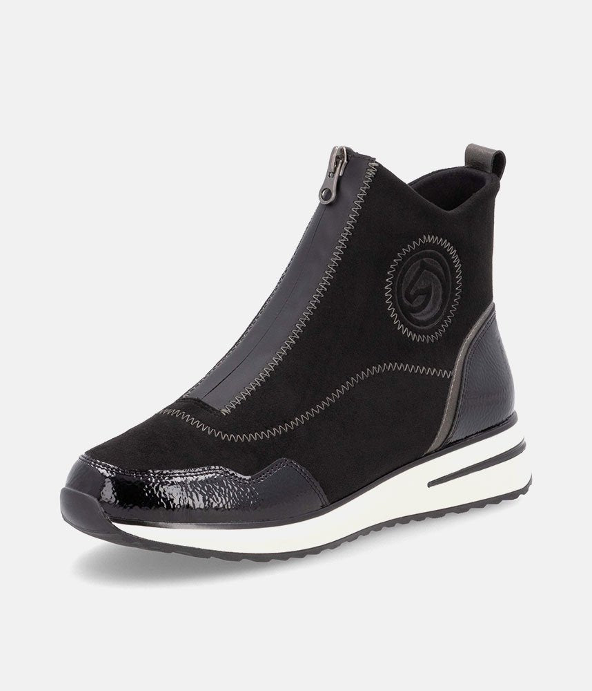 Remonte Black Combi Vegan Front Zip Ankle Boots