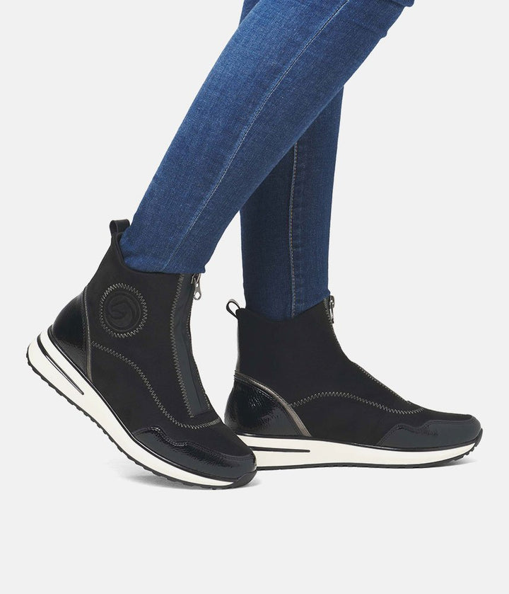 Remonte Black Combi Vegan Front Zip Ankle Boots