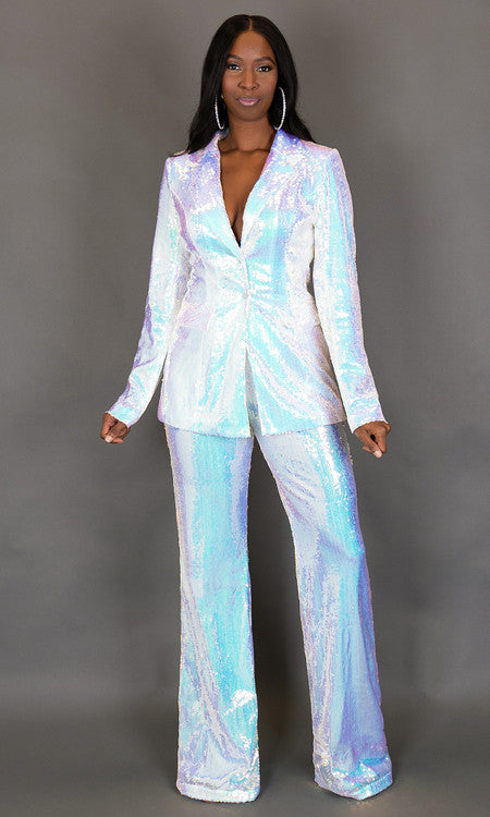 Glitz Sequin Blazer - Iridescent White