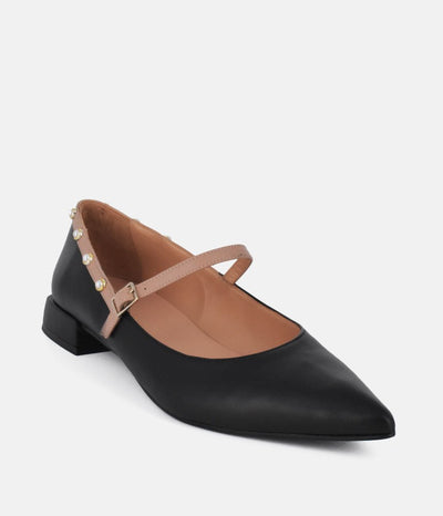 Dansi Classy Black/Taupe Leather Mary Jane Flats