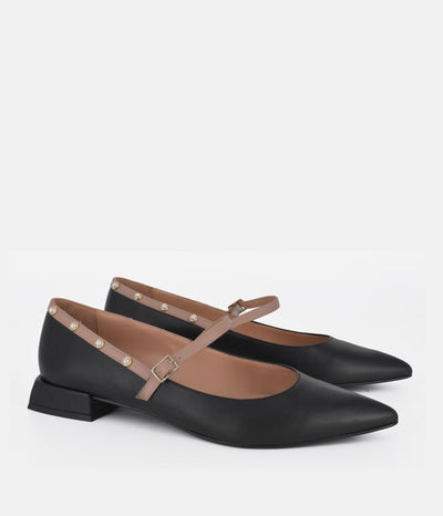 Dansi Classy Black/Taupe Leather Mary Jane Flats