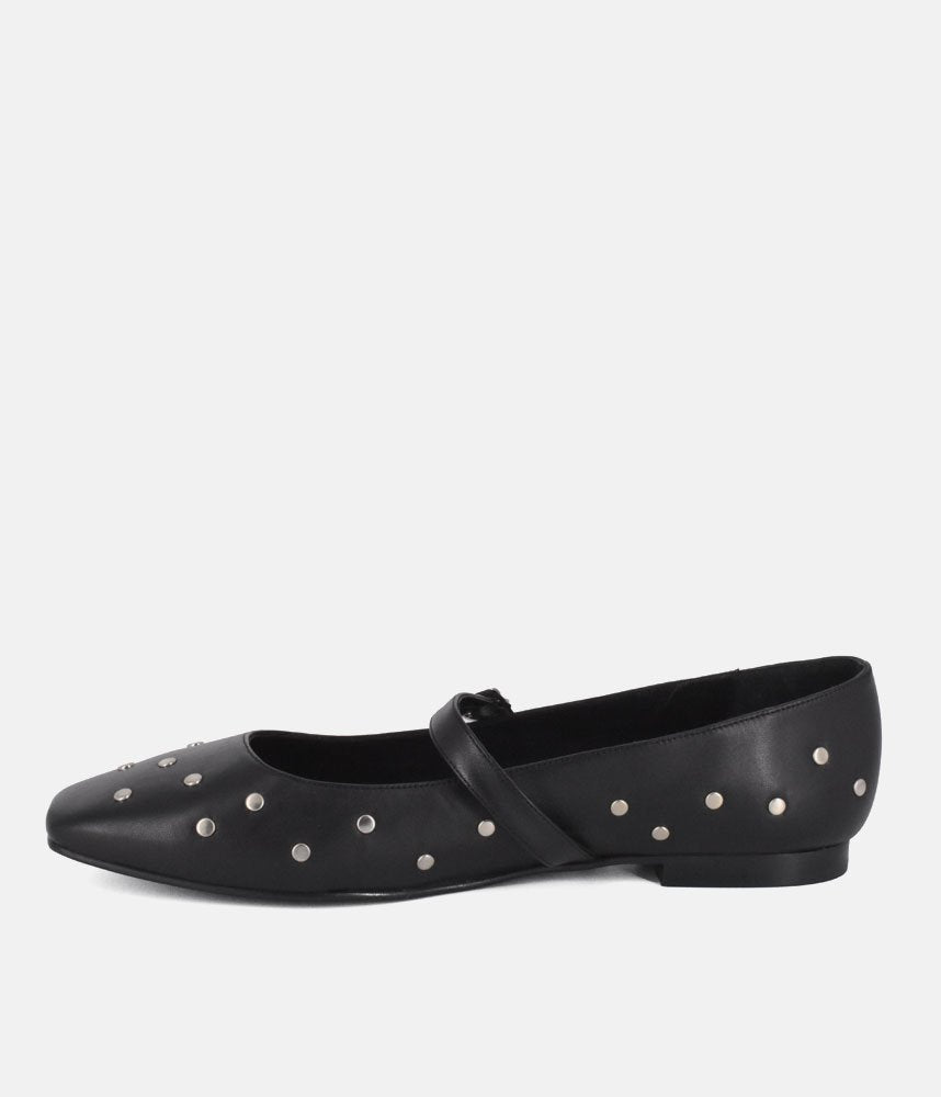 Dansi Funky Black Studded Leather Mary Jane Flats