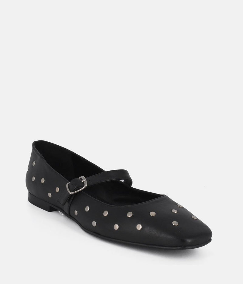 Dansi Funky Black Studded Leather Mary Jane Flats