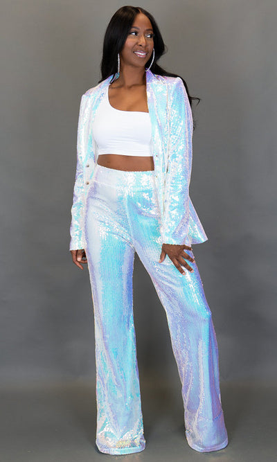 Glam Sequin Pants - Iridescent White