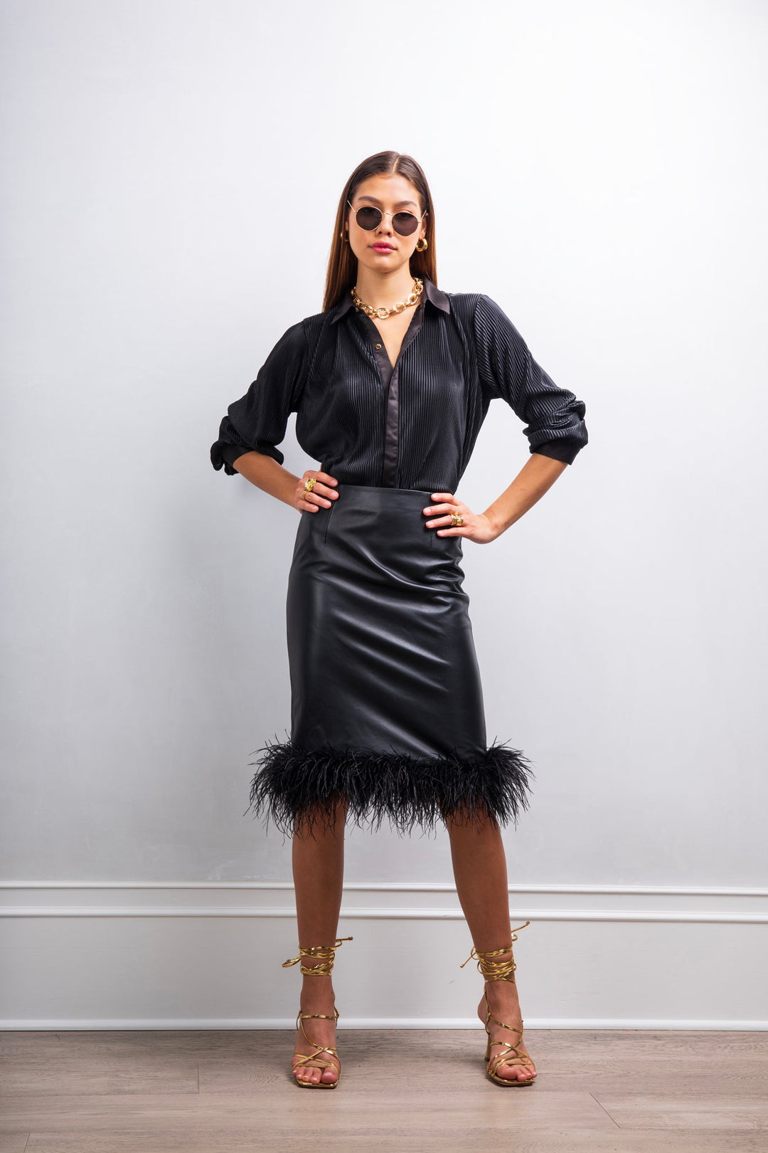 Avail Yourself Leather and Feather Skirt in Black