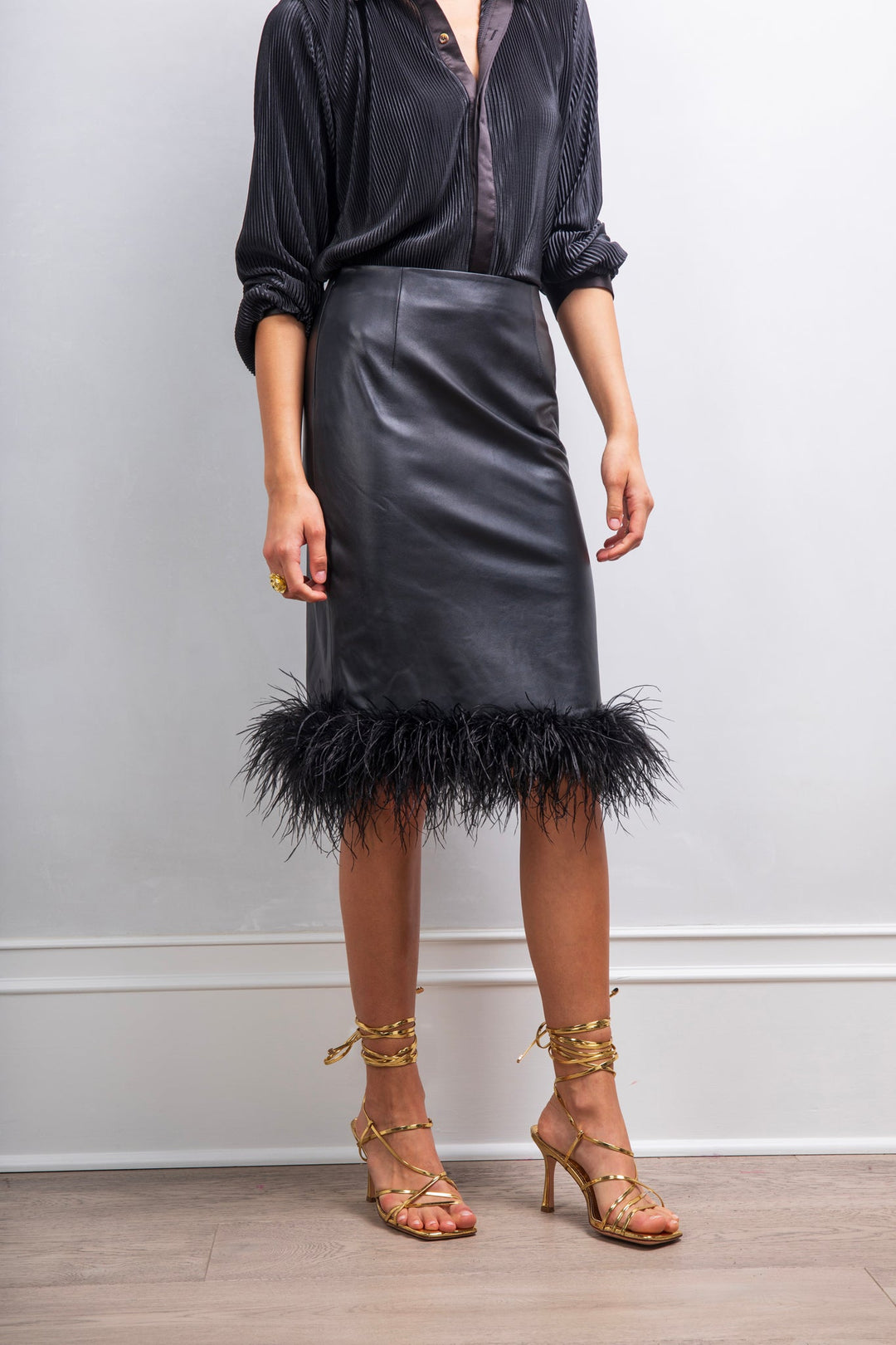 Avail Yourself Leather and Feather Skirt in Black