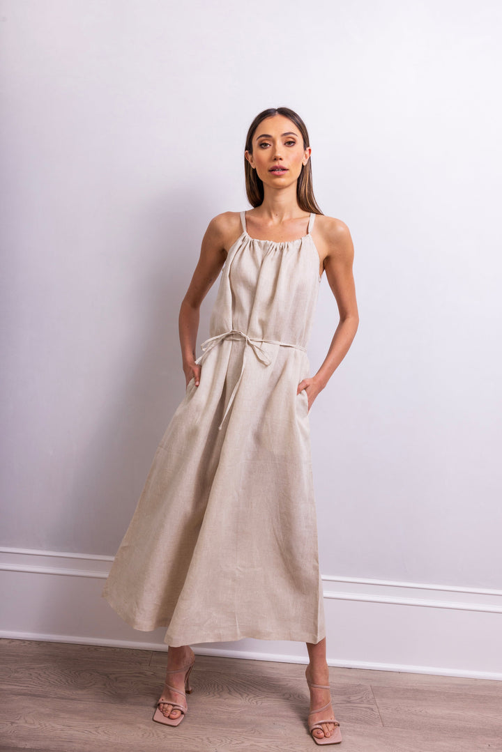 The Escape Linen Midi Dress in Beige