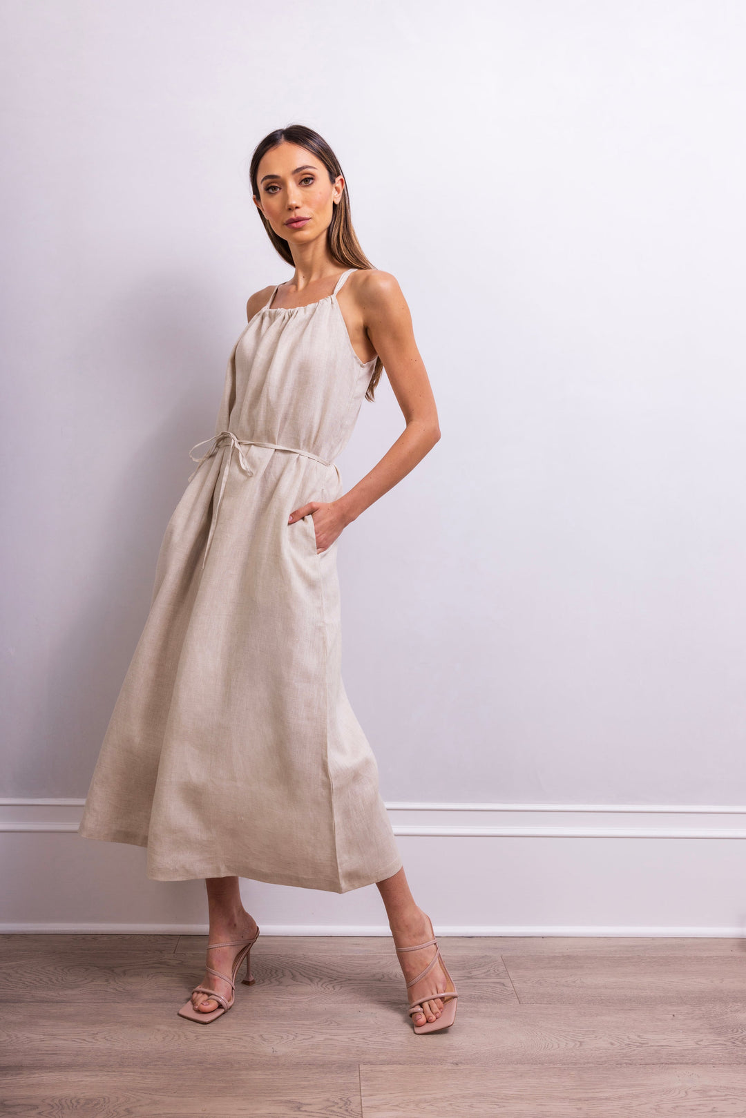 The Escape Linen Midi Dress in Beige