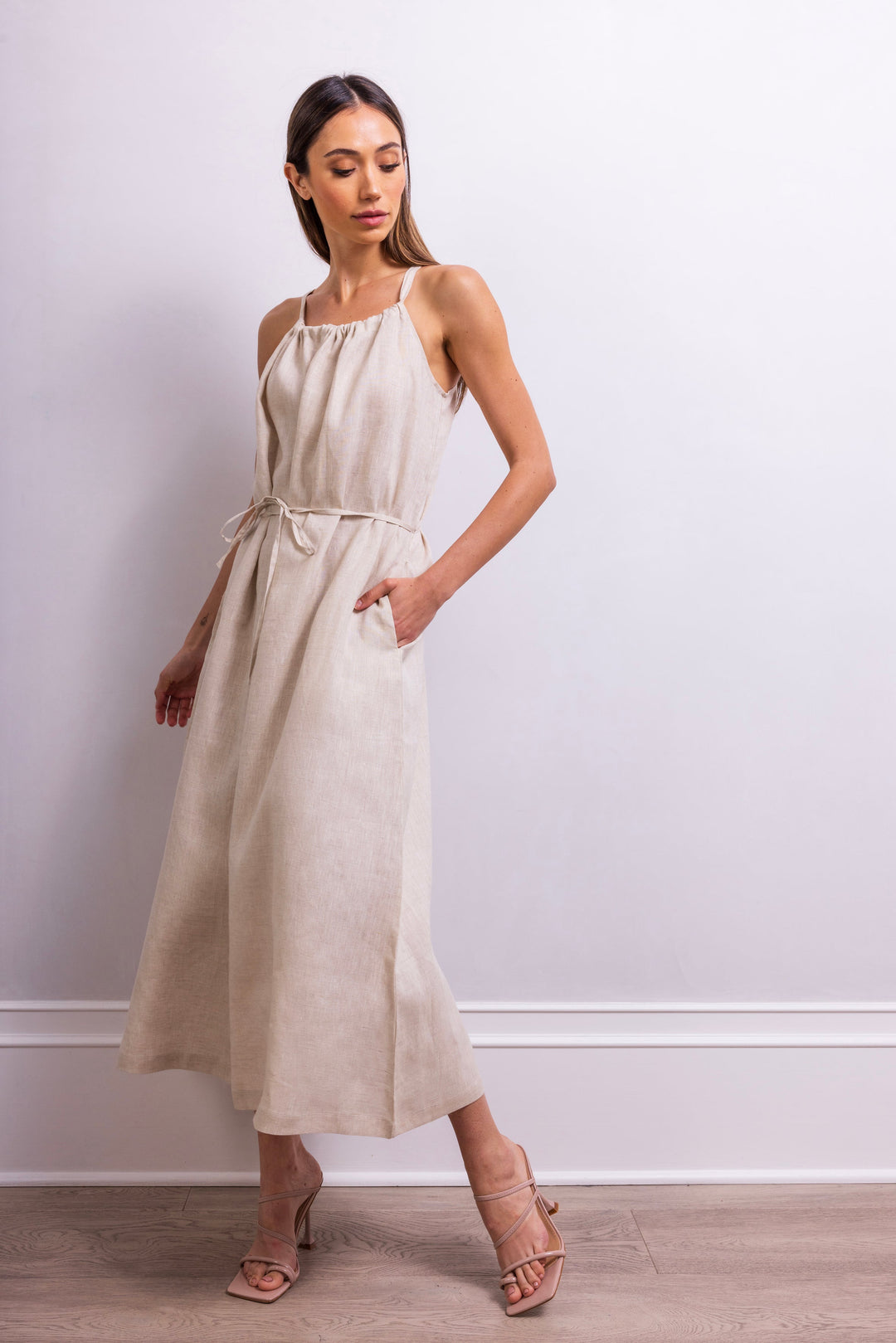 The Escape Linen Midi Dress in Beige