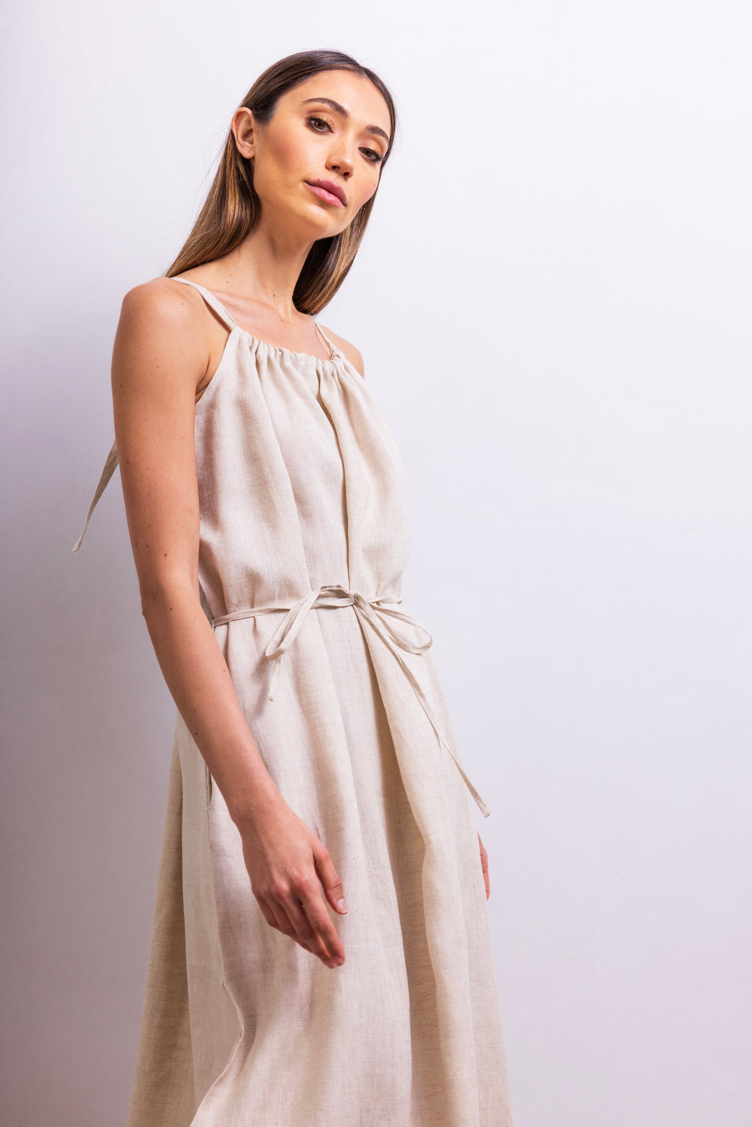 The Escape Linen Midi Dress in Beige