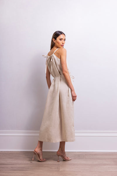 The Escape Linen Midi Dress in Beige