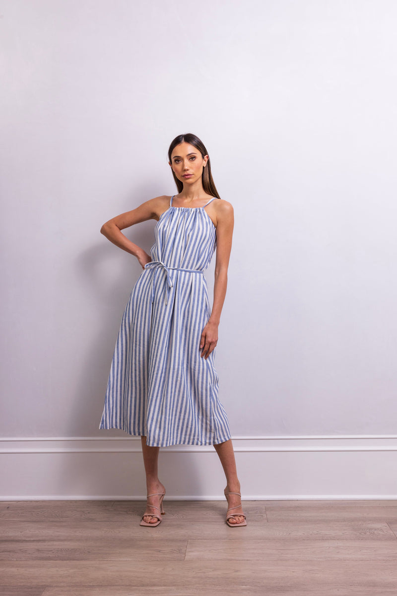 The Escape Linen Midi Dress in Blue Stripe