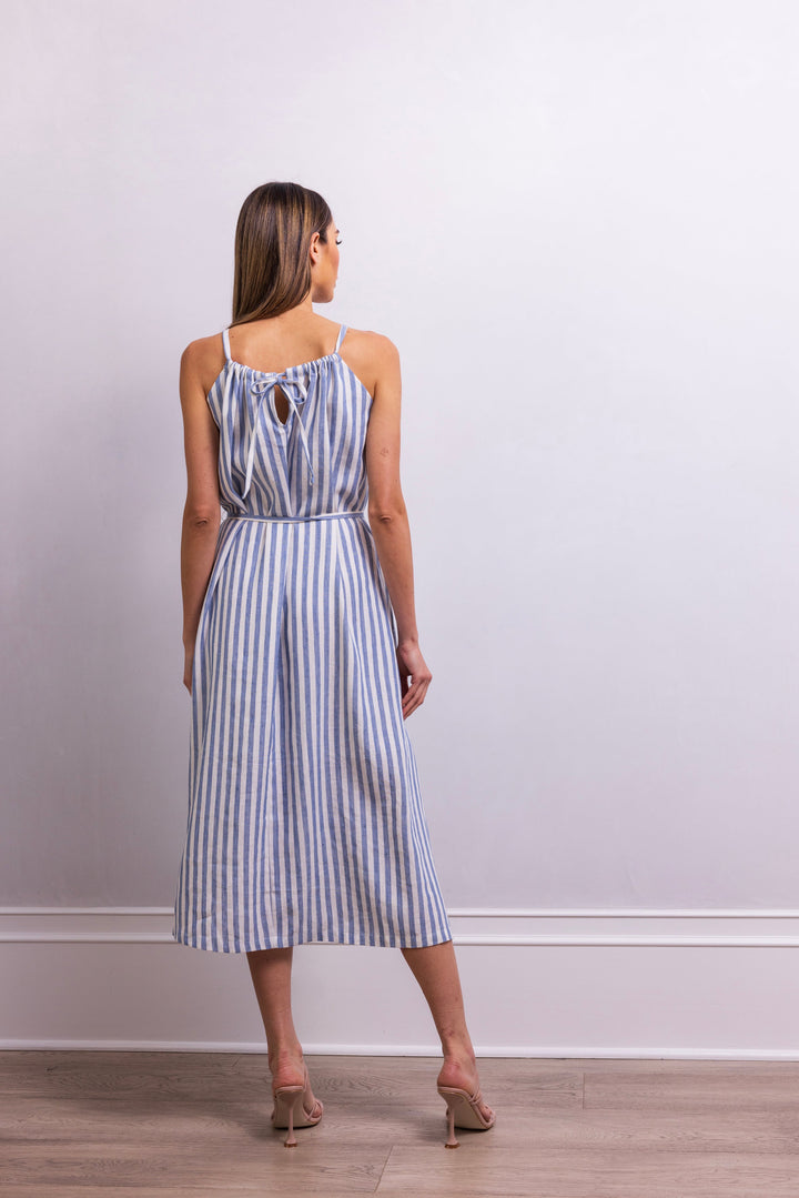 The Escape Linen Midi Dress in Blue Stripe