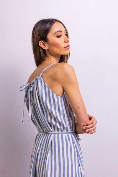 The Escape Linen Midi Dress in Blue Stripe