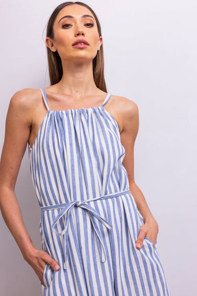 The Escape Linen Midi Dress in Blue Stripe