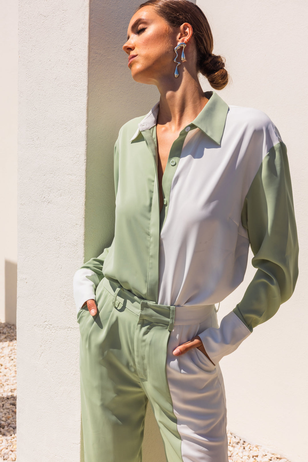 Half of the Hour Block Contrast Color Oversized Shirt in Green