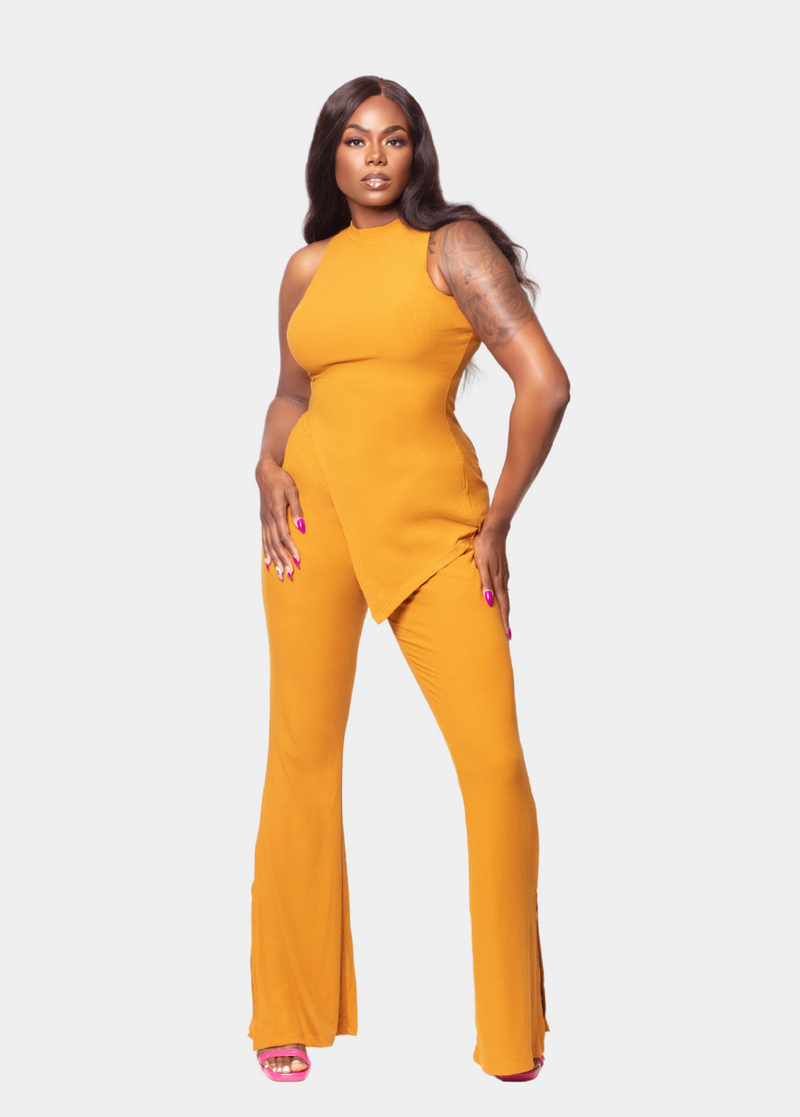 Caramel Tall Two Piece Asymmetrical Ribbed Knit Set