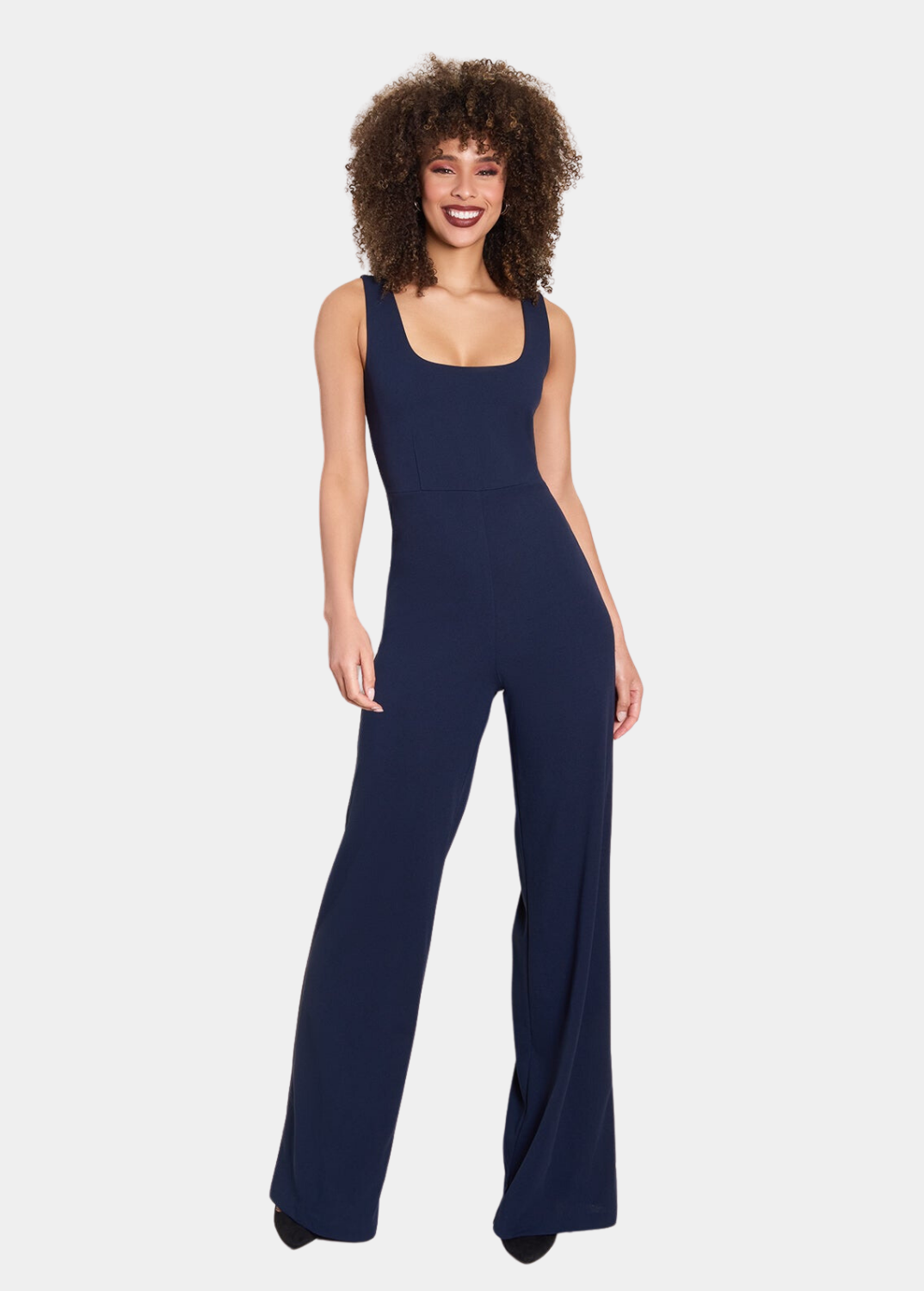 A twist-back detail defines this classy jumpsuit styled with breezy ...