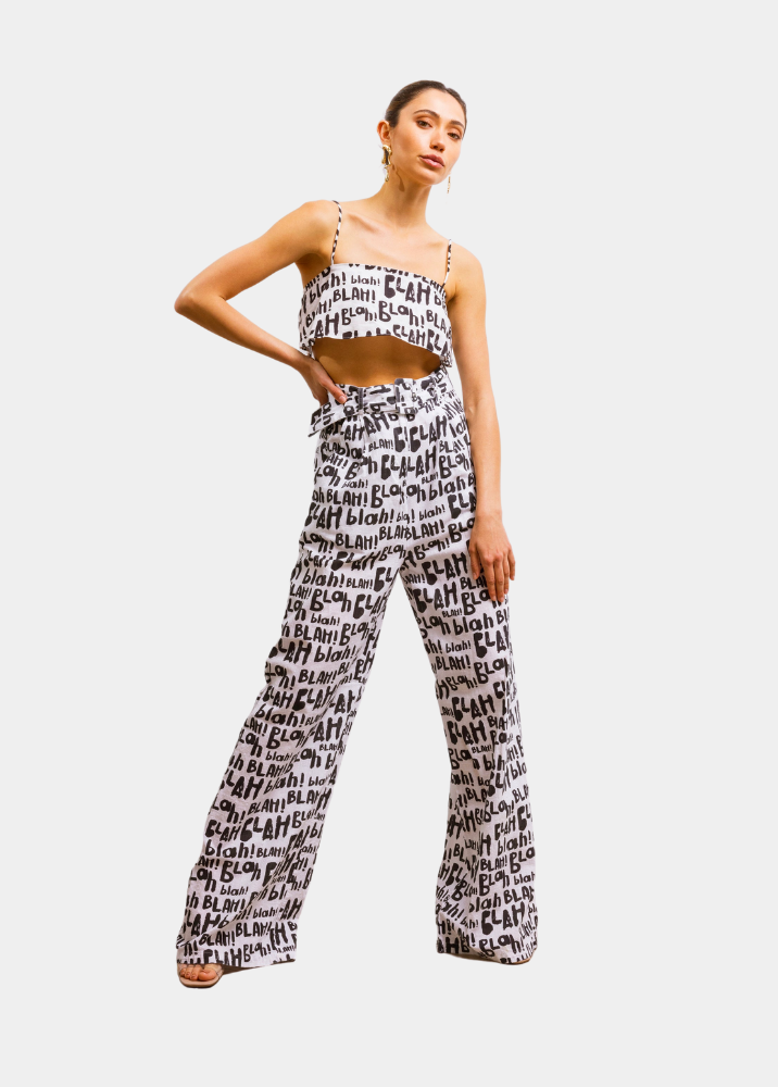 Beyond Belief Linen Wide Leg High Waisted Pants in Blah Blah Print