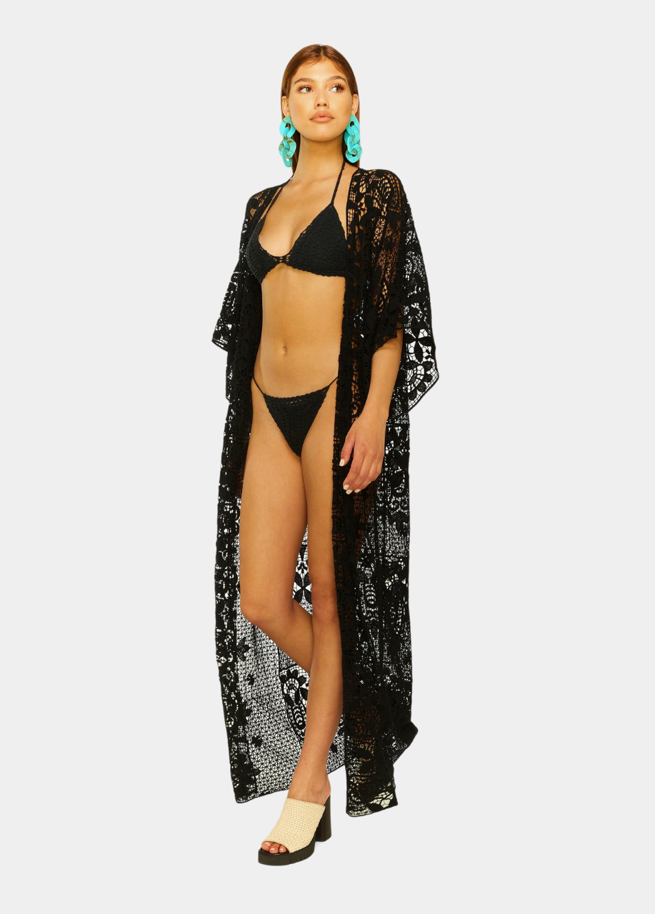 Beyond Normality Crochet Lace Maxi Robe Kaftan In Black