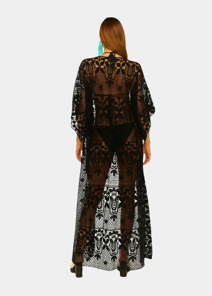 Beyond Normality Crochet Lace Maxi Robe Kaftan In Black