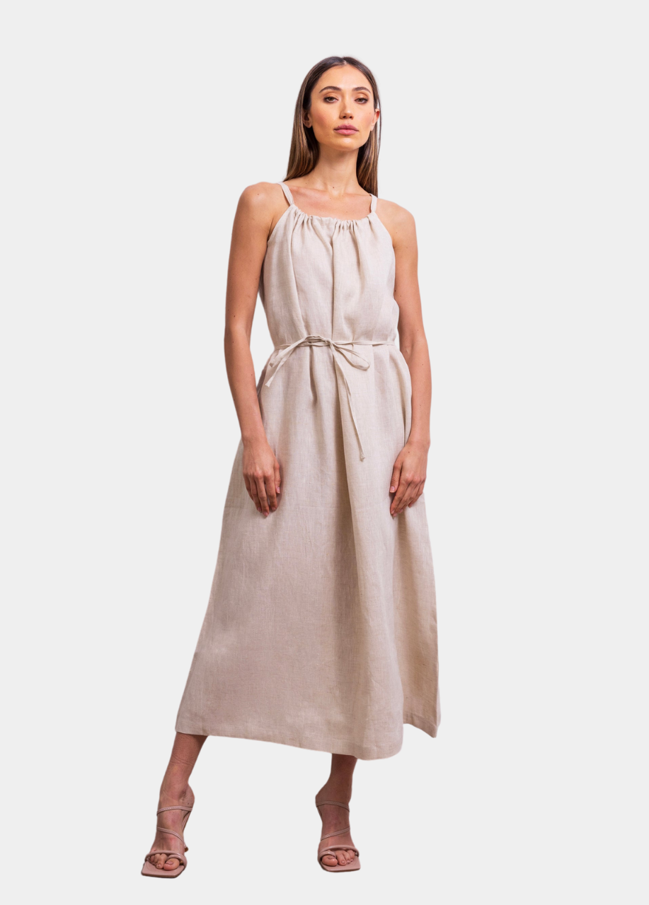 The Escape Linen Midi Dress in Beige