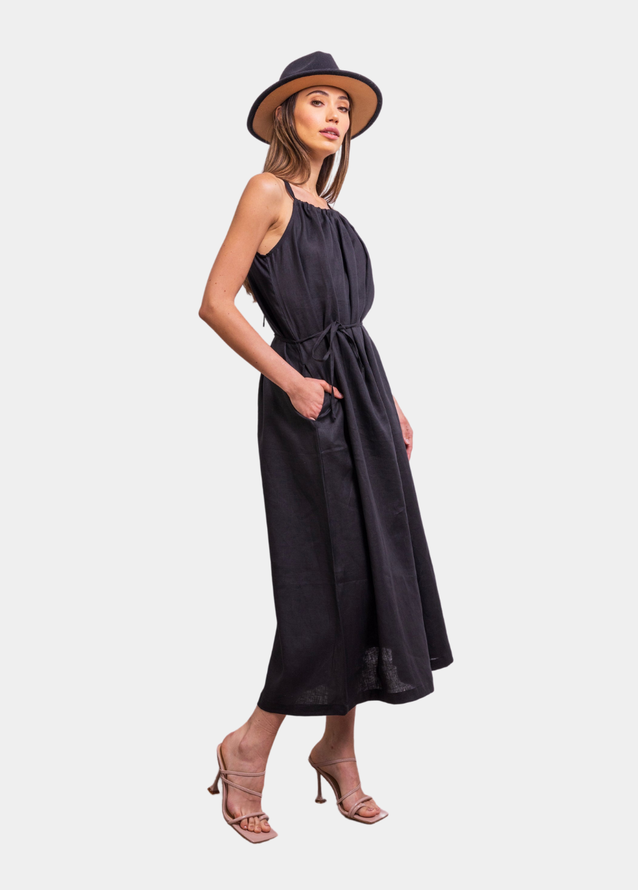 The Escape Linen Midi Dress in Black