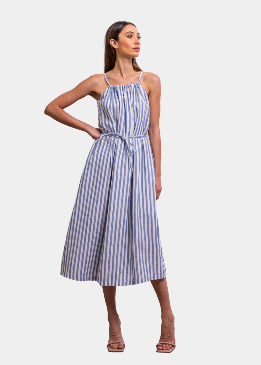 The Escape Linen Midi Dress in Blue Stripe