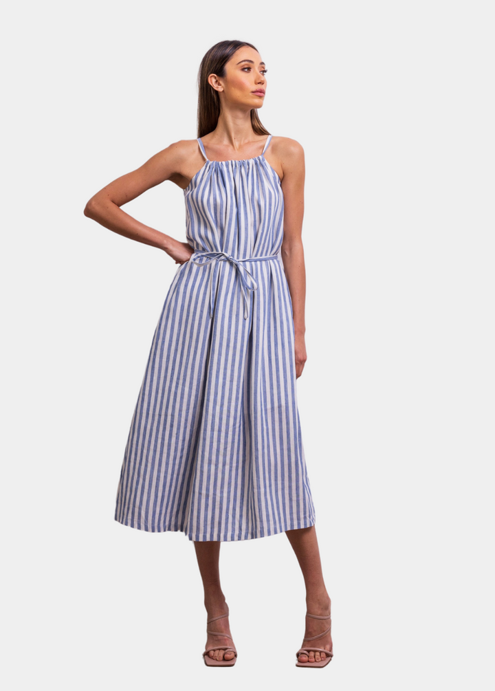 The Escape Linen Midi Dress in Blue Stripe