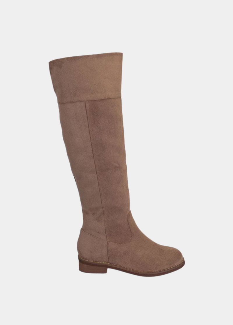 Stylish Flat Knee-High Boots in Light Brown Faux Suede