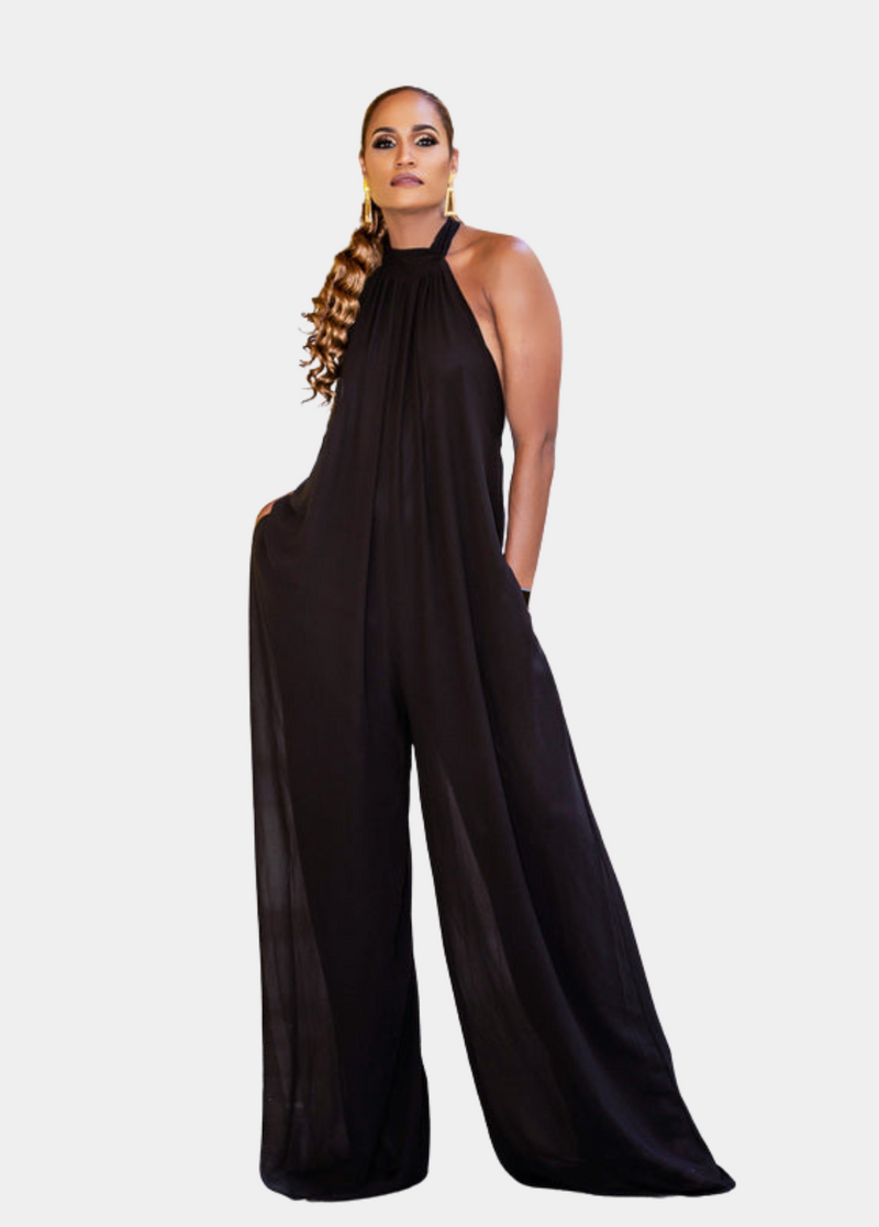 Panama Halter Wide Leg Jumpsuit - Black