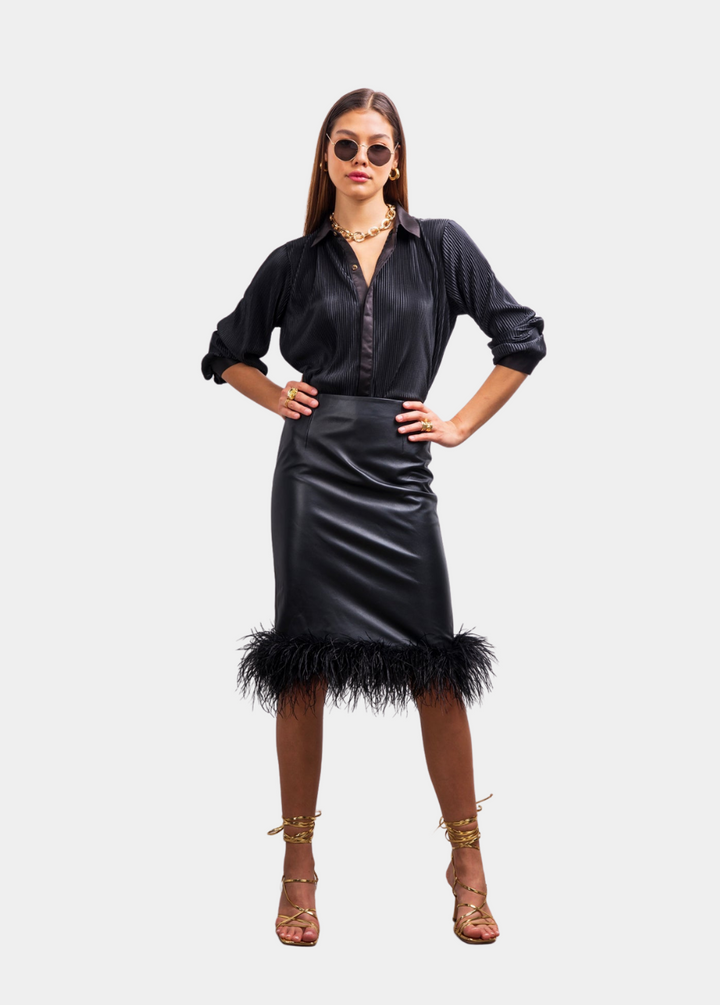 Avail Yourself Leather and Feather Skirt in Black