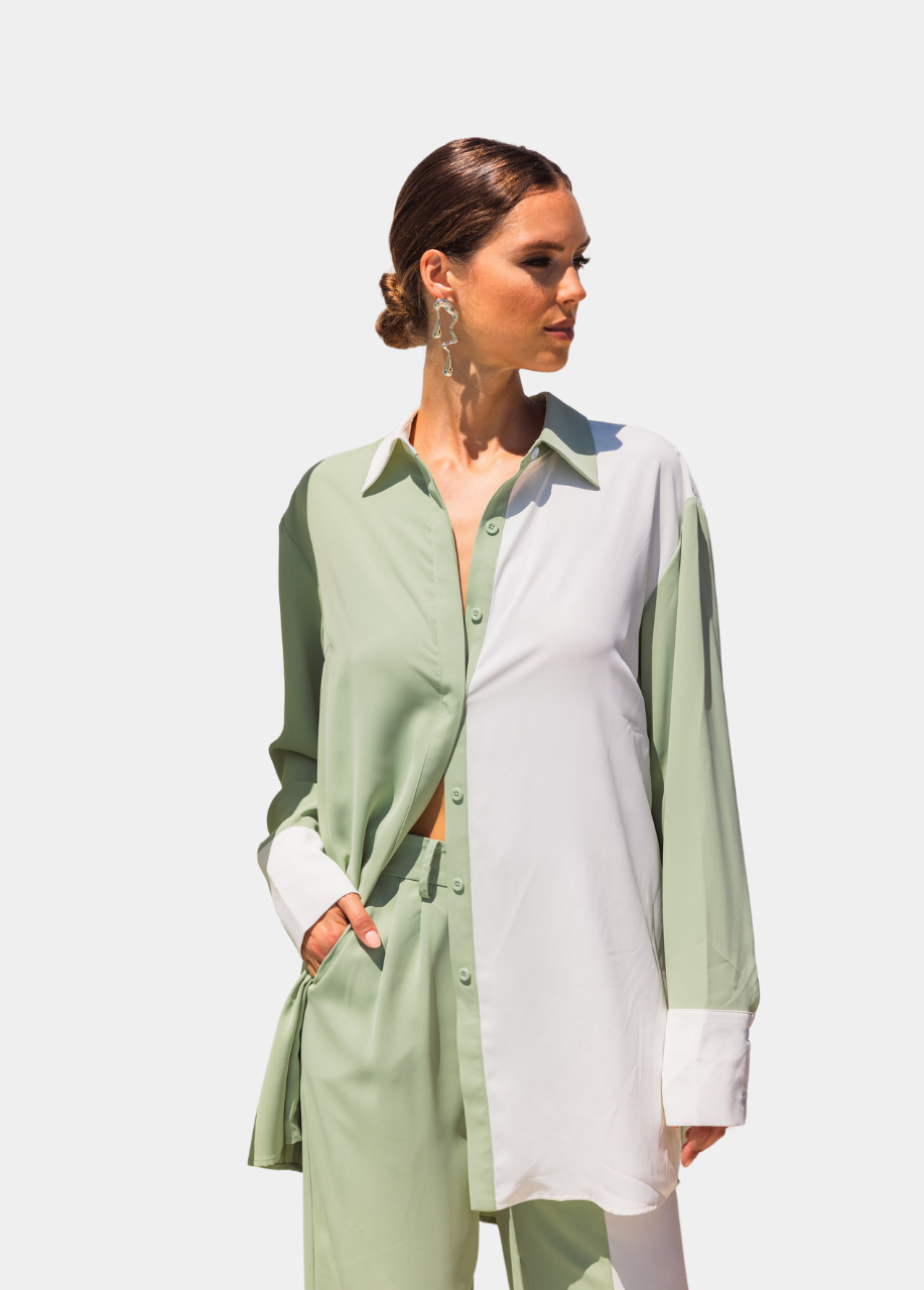 Half of the Hour Block Contrast Color Oversized Shirt in Green