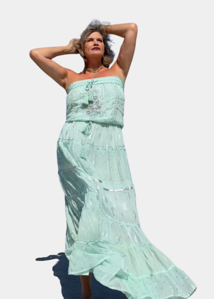 Athena Detailed Bandeau Flowy Boho Maxi Dress - Seafoam