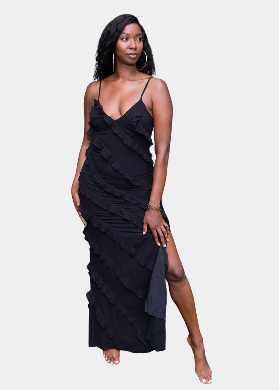 Barcelona Ruffle Maxi Dress - Black