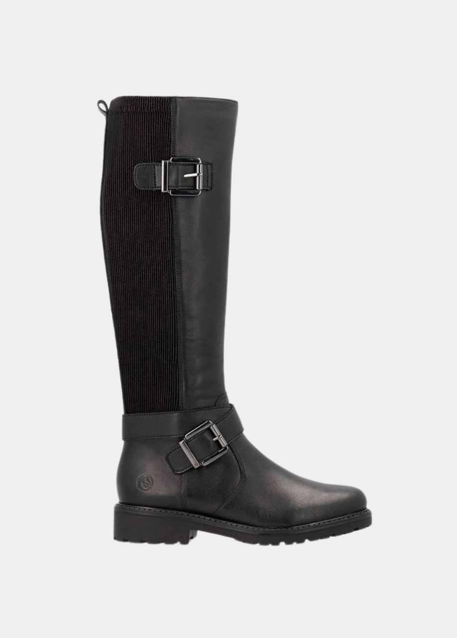 Remonte Casual Black Buckle Leather Long Boots