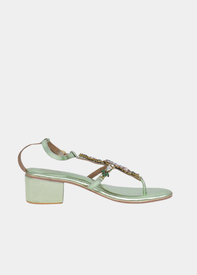 BOTTEGA Metallic Green Embellished Block Heel Sandal