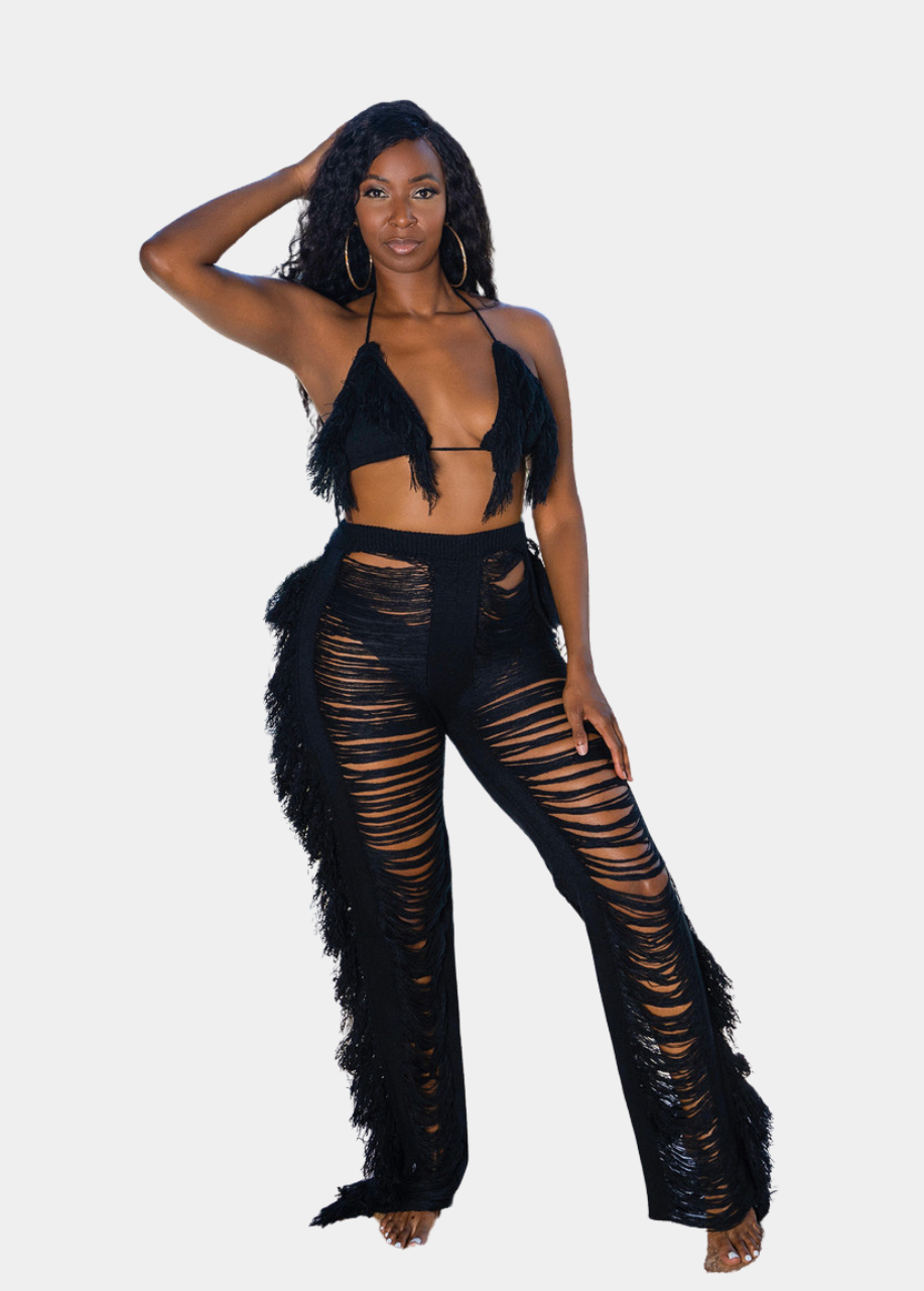 Coconut Cove Fringe Crochet Pant Set - Black