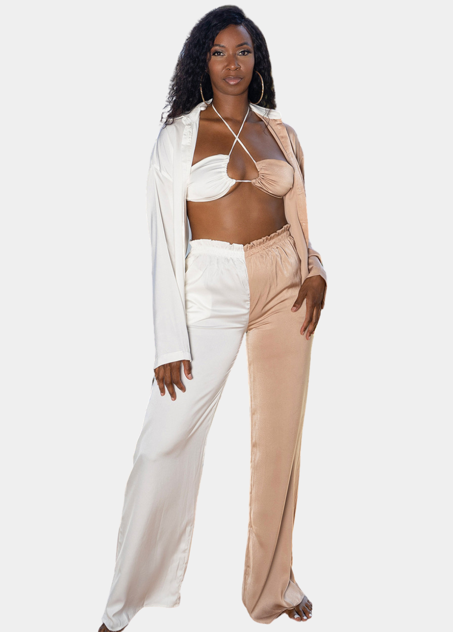 Summer Breeze Pant Set - Tan & White