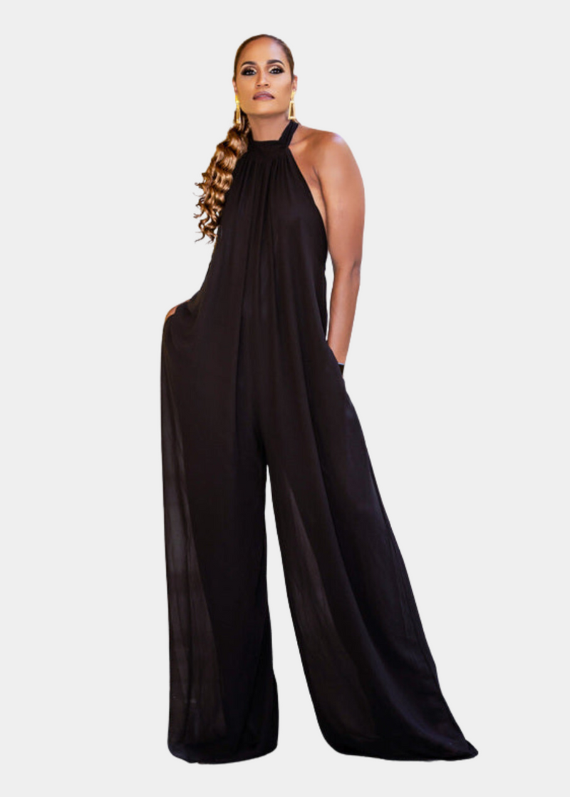 Panama Halter Wide Leg Jumpsuit - Black