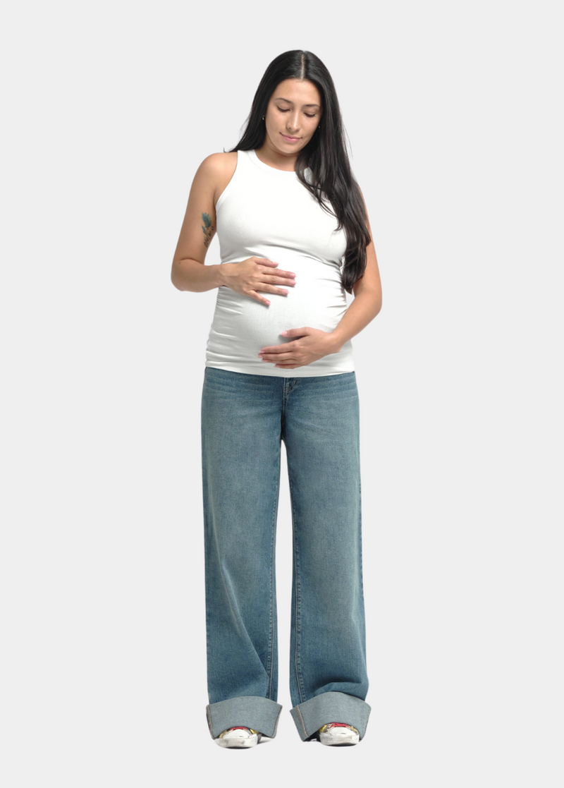 Maternity 36" Roll Cuff Wide Leg Jean with Bellyband in Willa