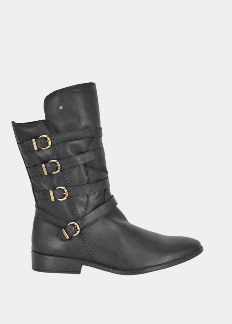 Cinderella Shoes Black Leather Buckle Midi Boots